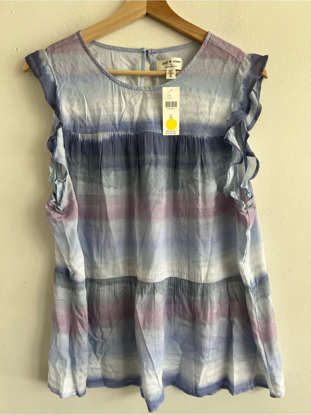 cloth & stone Pastel Stripe Ruffle Sleeve Tunic in Blue and Lavender
